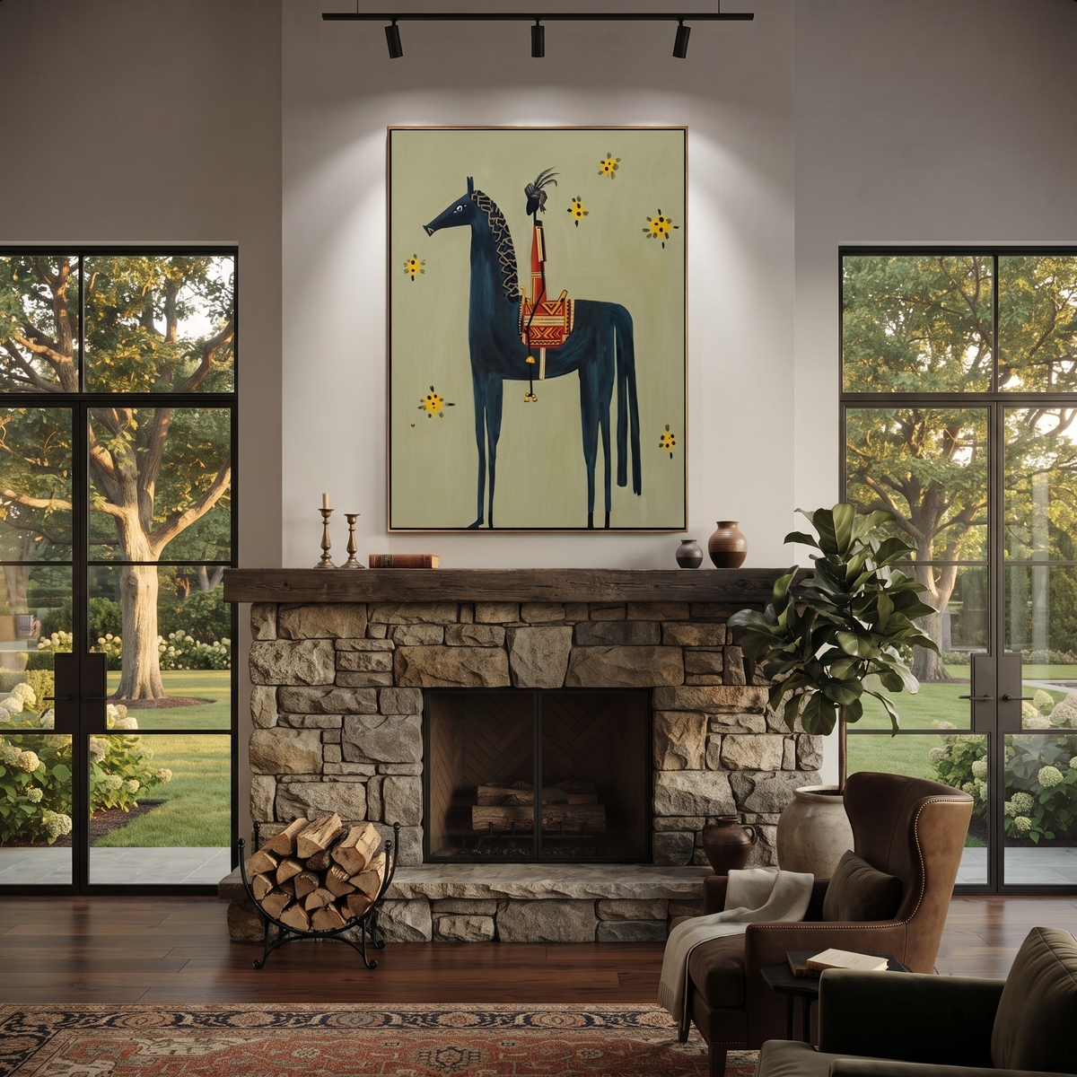 Sunflowers Follow Tall Rider displayed in a layered residential setting