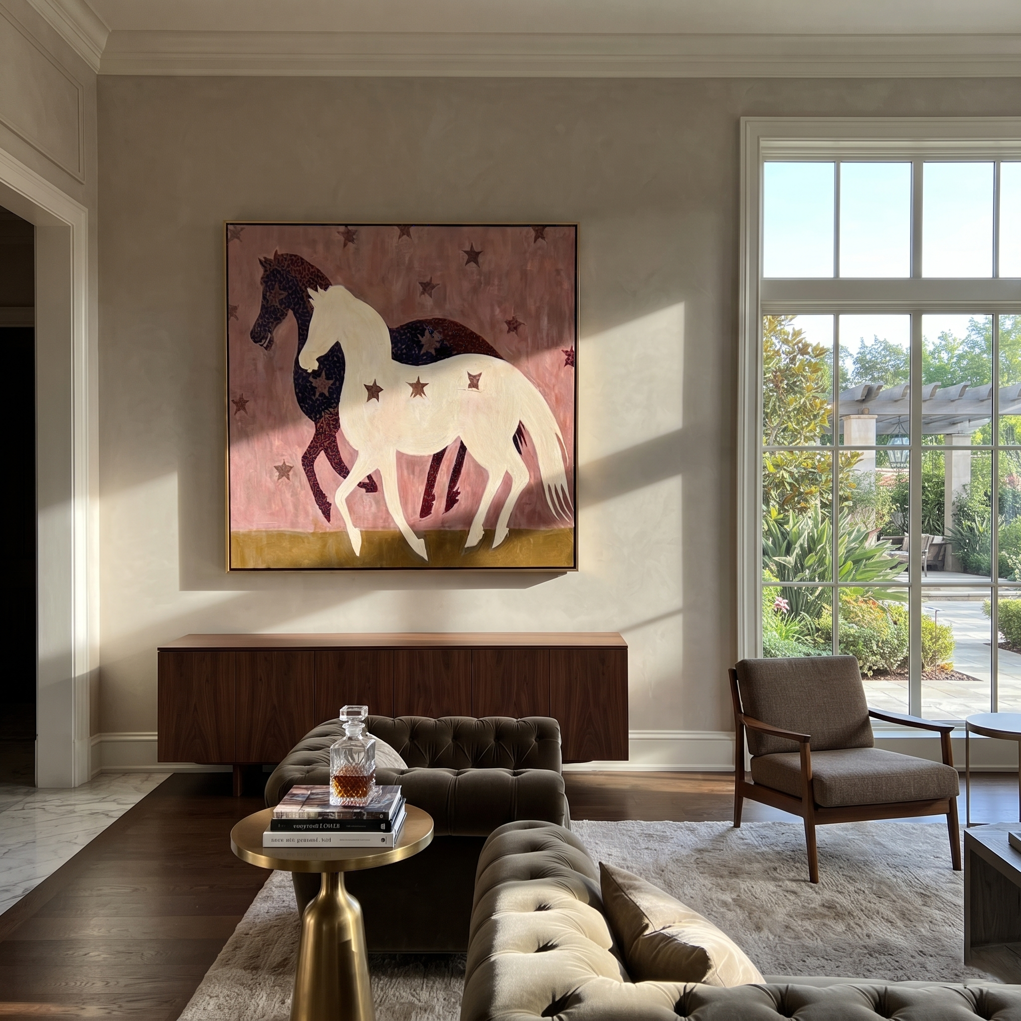 White Horse Crosses Night displayed in a layered residential setting