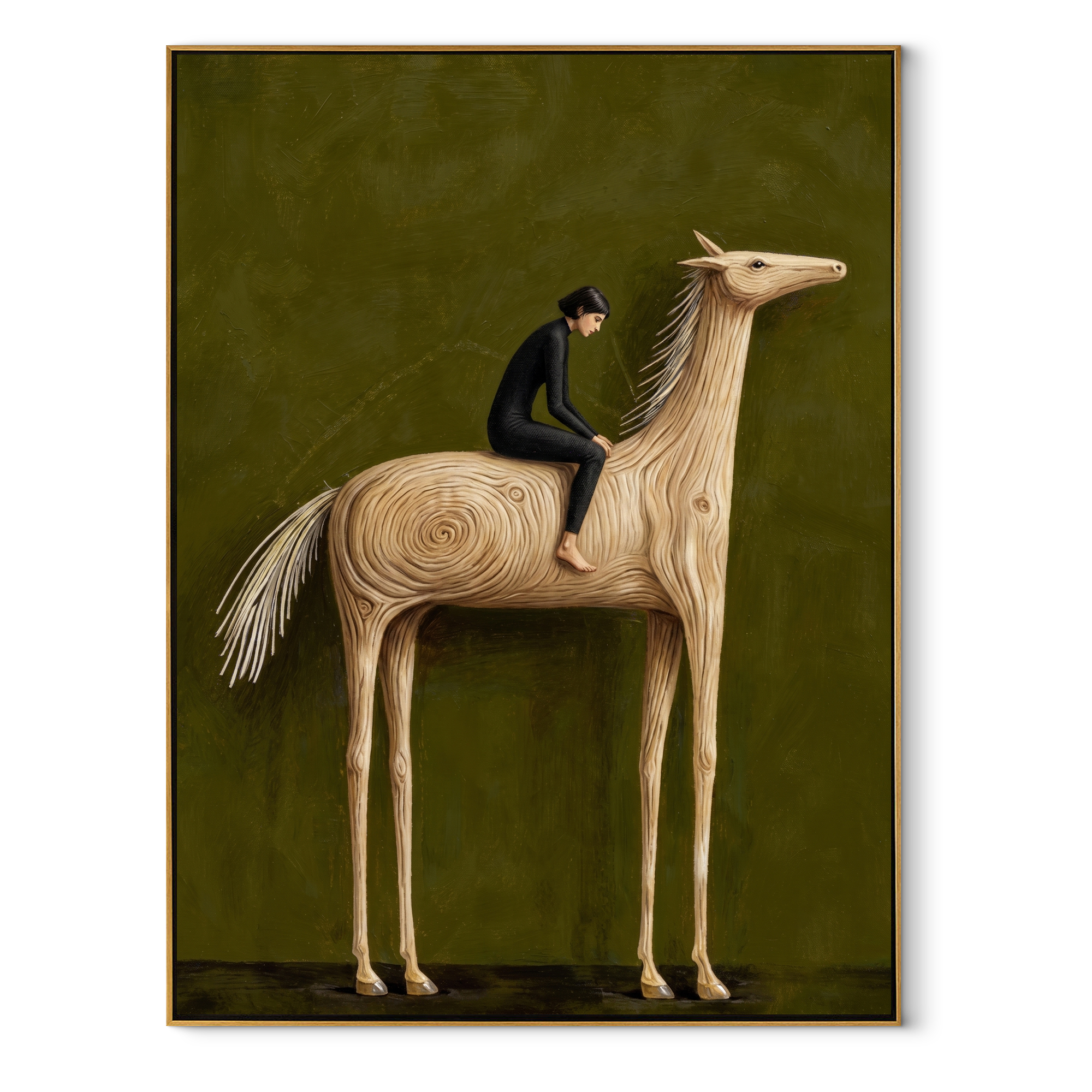Black Rider Rides Ivory equestrian horse painting, vertical canvas artwork