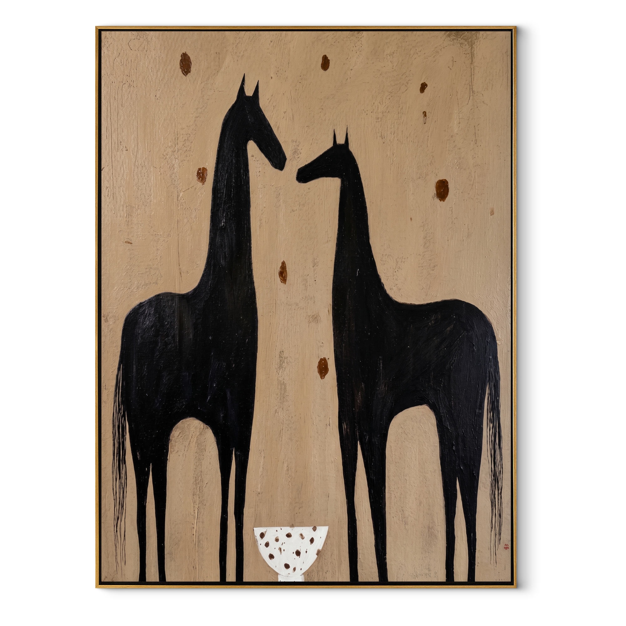 Two Horses Guard Bowl equestrian horse painting, vertical canvas artwork