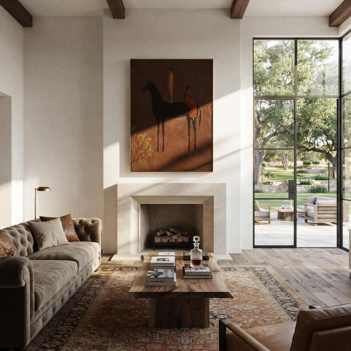 Amber Figure Rides Umber displayed in a collected contemporary interior