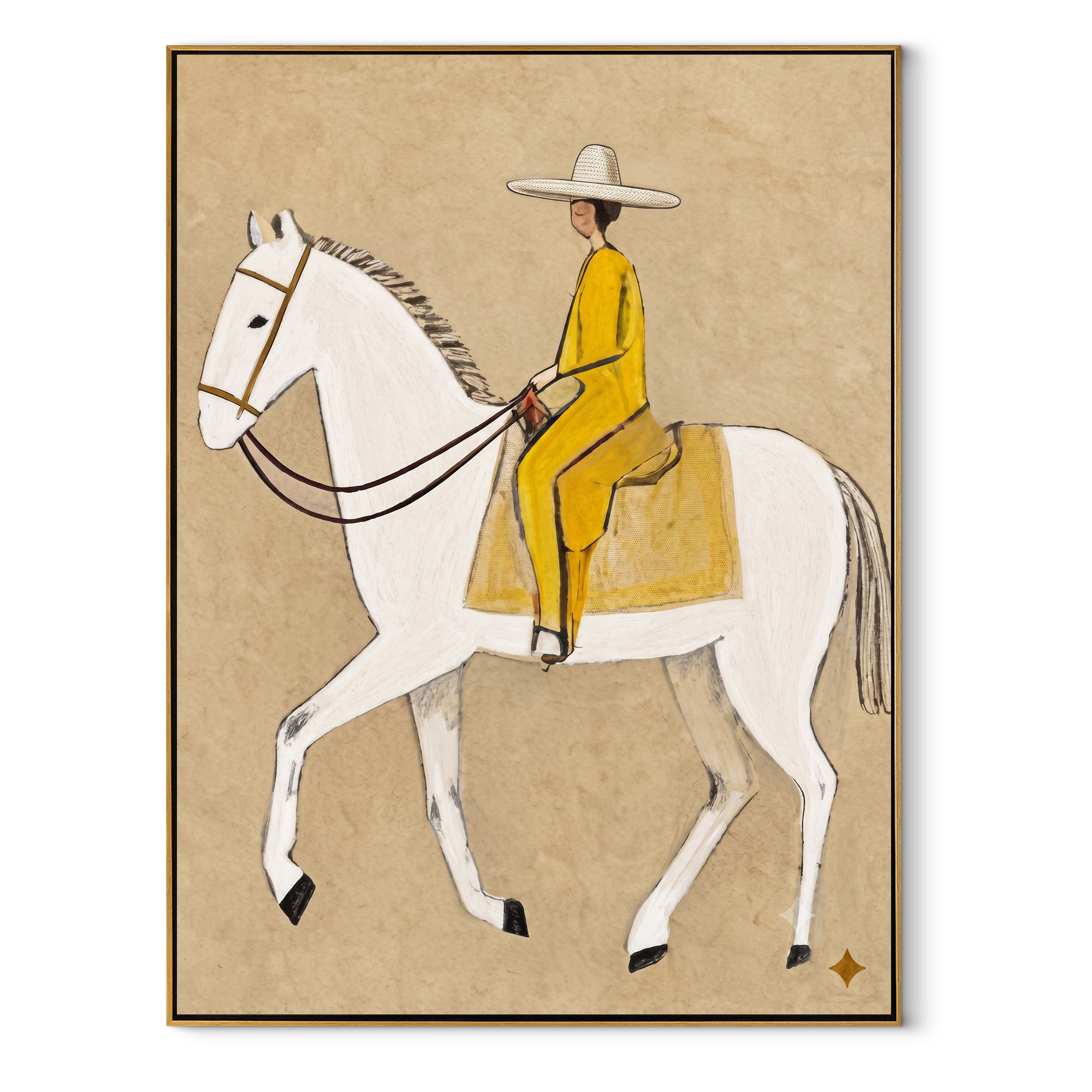 Yellow Tailoring Meets Ivory equestrian horse painting, vertical canvas artwork