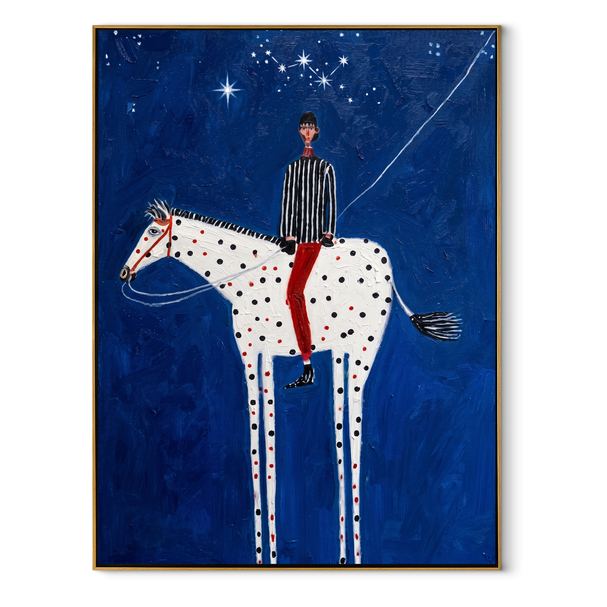 White Pinto Crosses Midnight equestrian horse painting, vertical canvas artwork