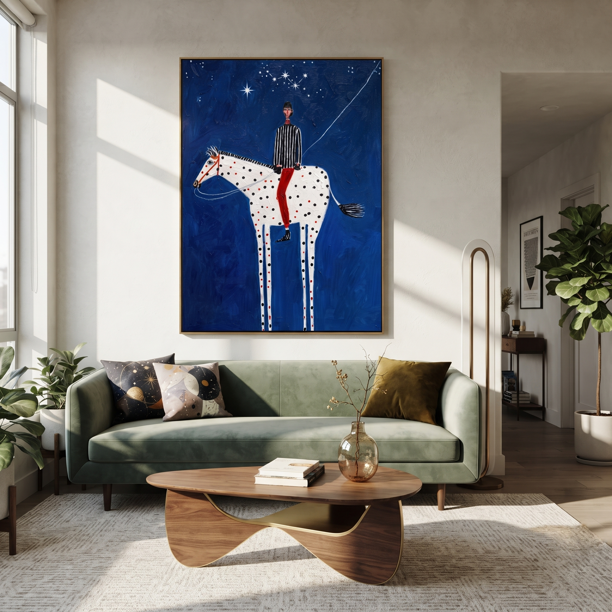 White Pinto Crosses Midnight styled with wood, linen, and modern decor