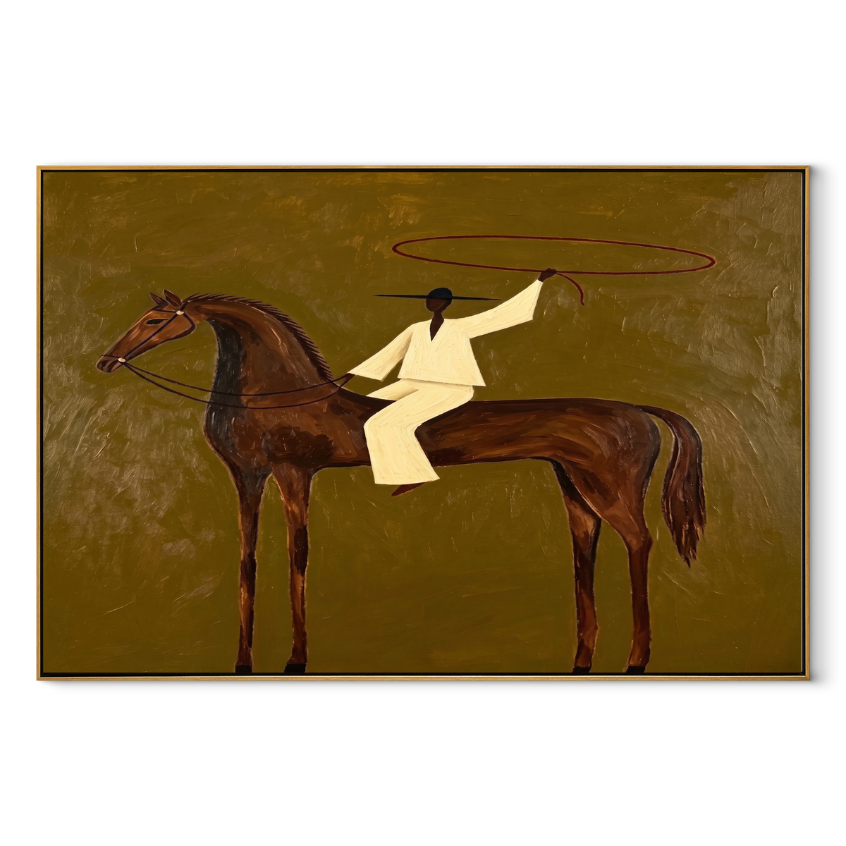 White Lasso Circles Chestnut equestrian horse painting, horizontal canvas artwork