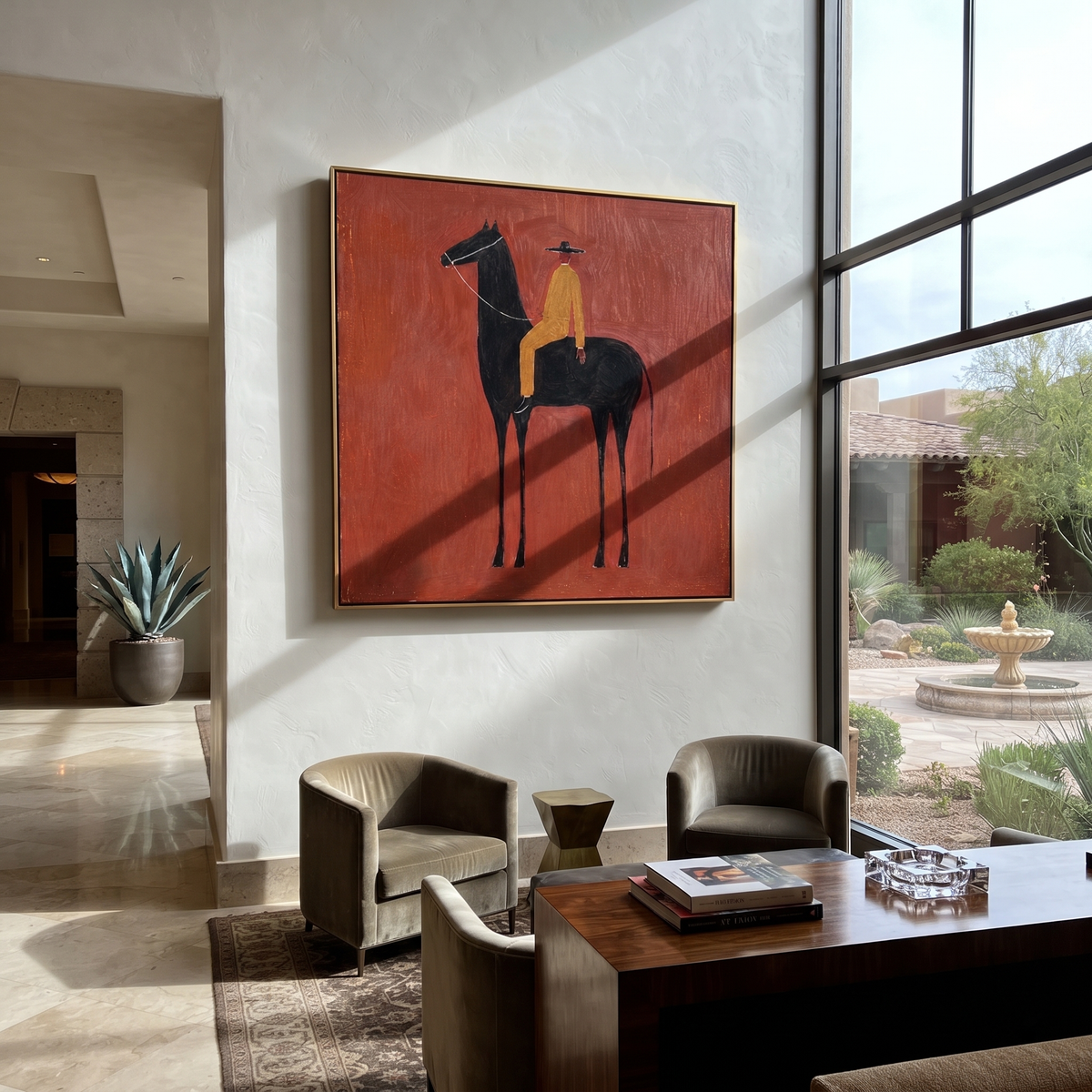 Ochre Rider Crosses Red displayed in a collected contemporary interior