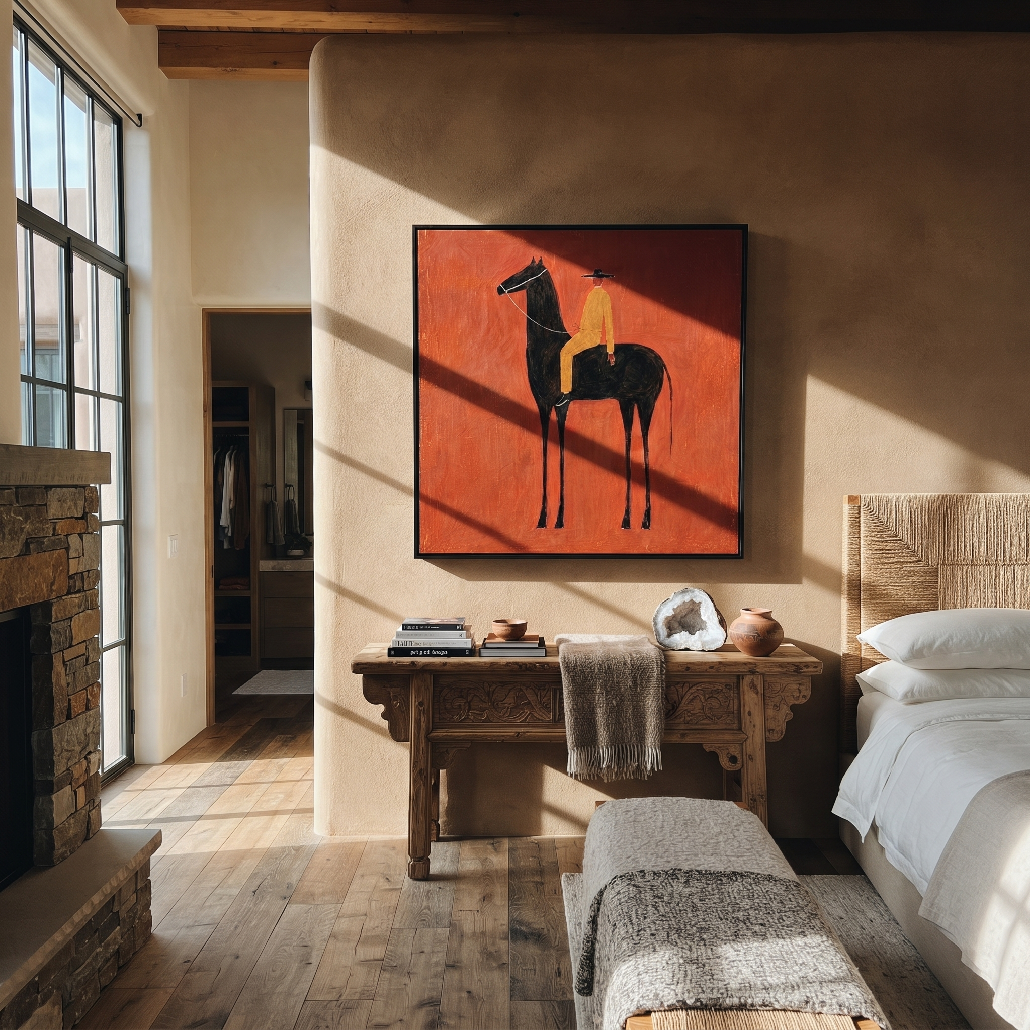 Ochre Rider Crosses Red styled with wood, linen, and modern decor