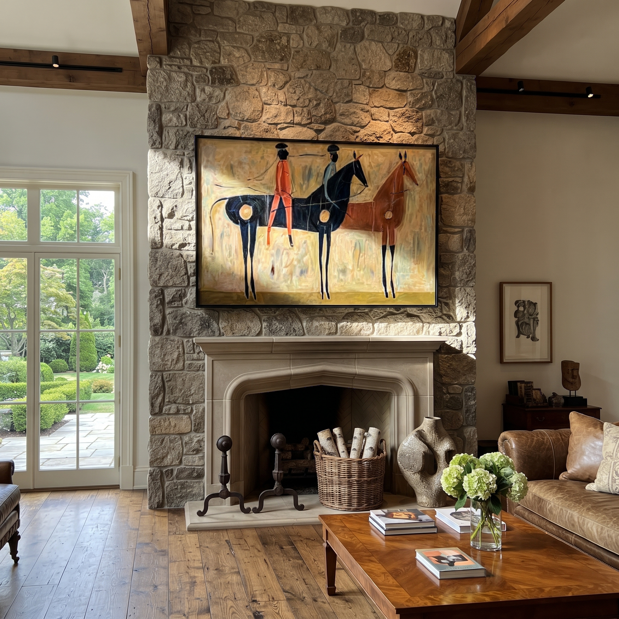Three Riders Cross Fields displayed in a collected contemporary interior