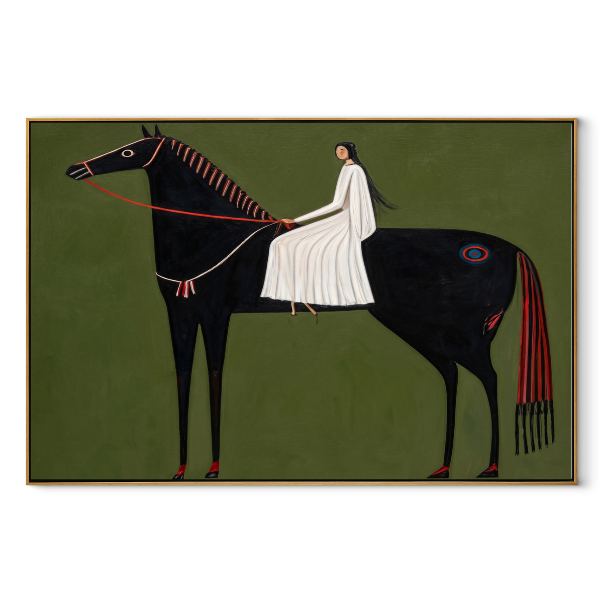 White Fabric Veils Black equestrian horse painting, horizontal canvas artwork