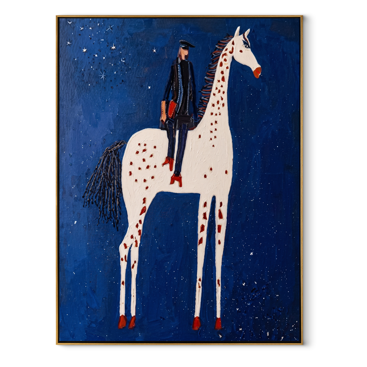 White Spots Pierce Night equestrian horse painting, vertical canvas artwork