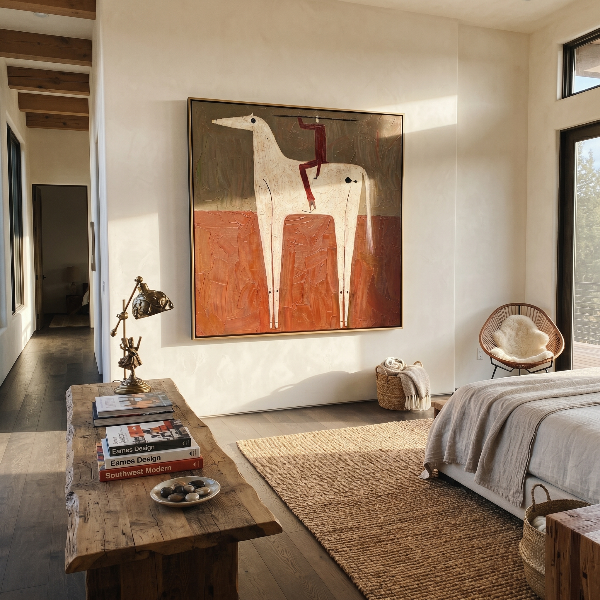 Red Acrobat Climbs Ivory displayed in a collected contemporary interior