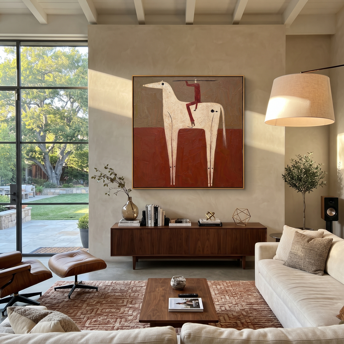 Red Acrobat Climbs Ivory styled with warm modern furnishings