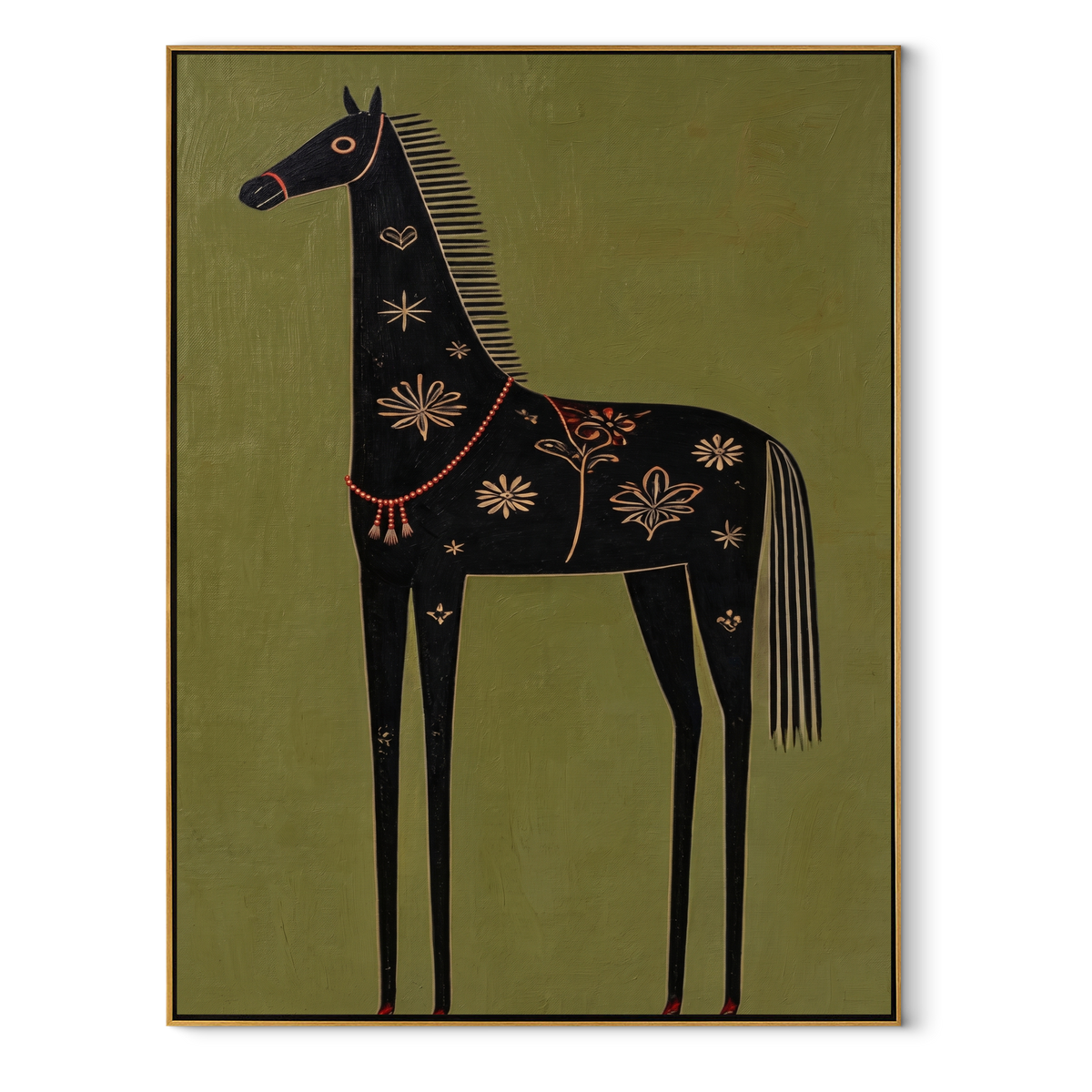 Golden Flowers Dress Black equestrian horse painting, vertical canvas artwork