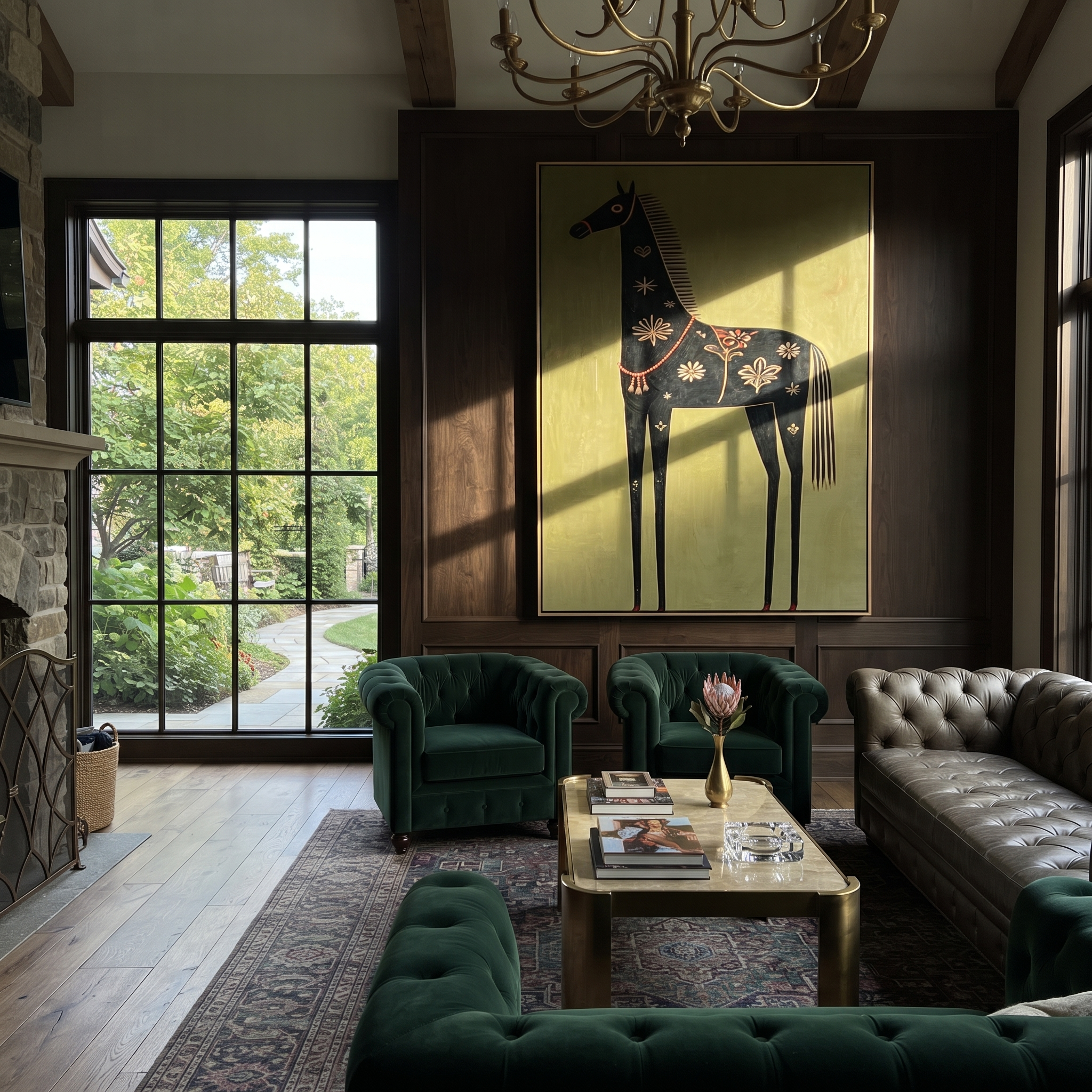 Golden Flowers Dress Black displayed in a layered residential setting