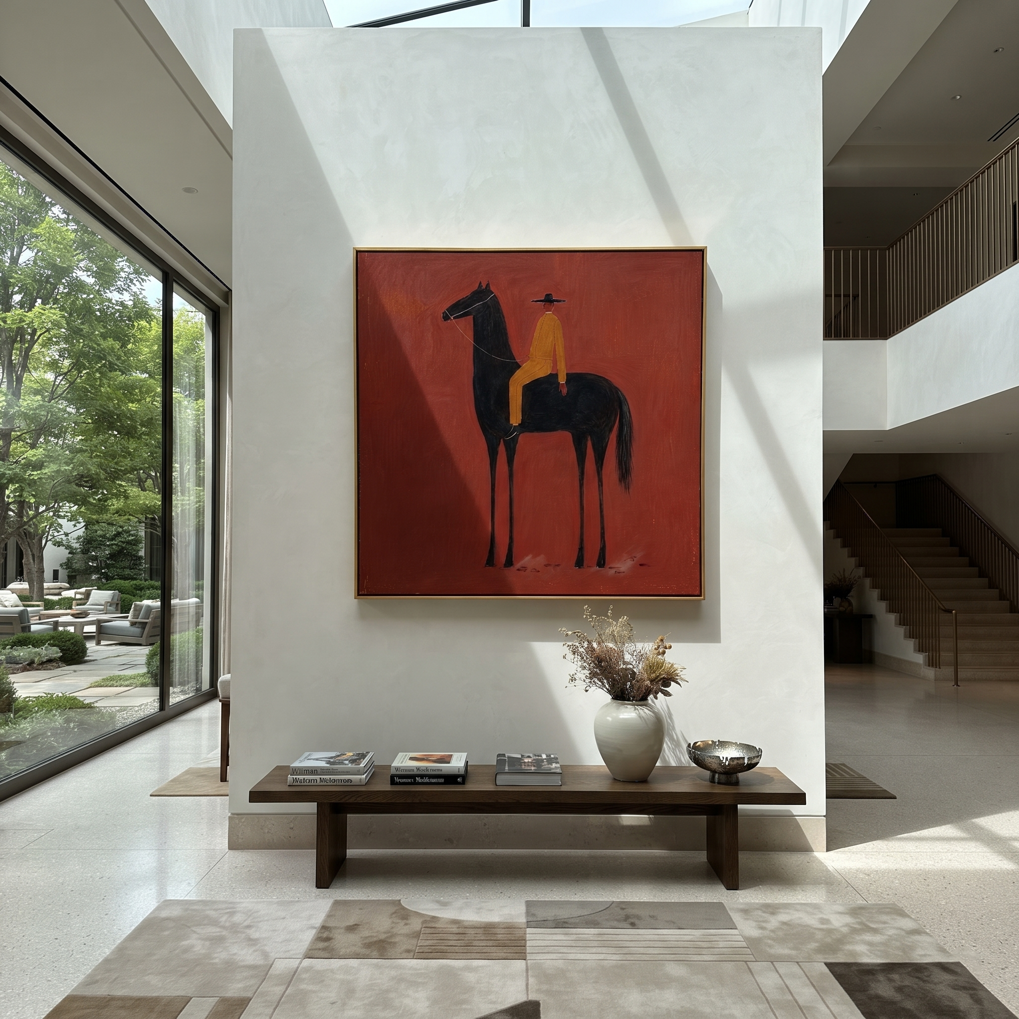 Ochre Stillness Fills Crimson displayed in a collected contemporary interior