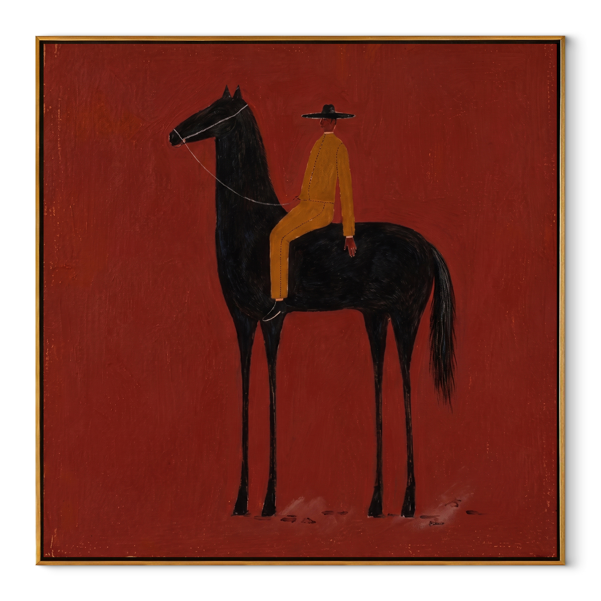 Ochre Stillness Fills Crimson equestrian horse painting, square canvas artwork