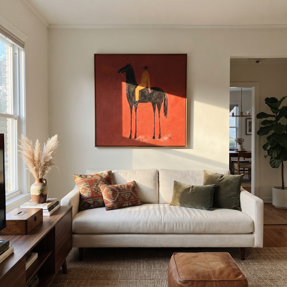 Ochre Stillness Fills Crimson displayed in a layered residential setting