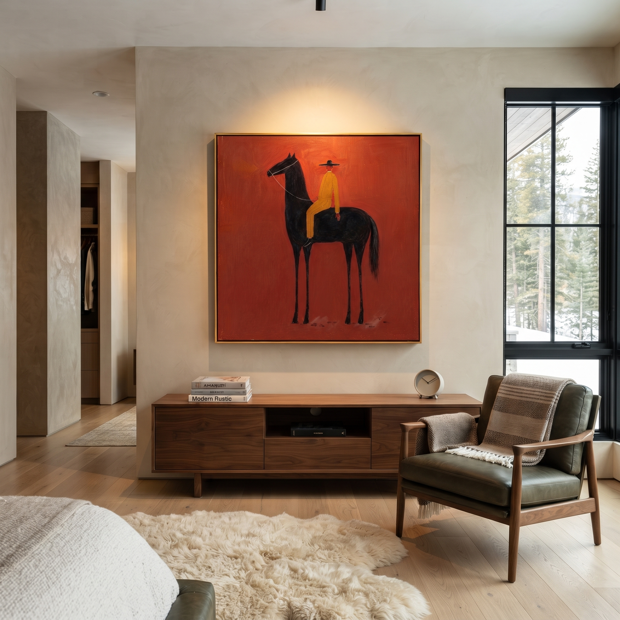 Ochre Stillness Fills Crimson styled with wood, linen, and modern decor
