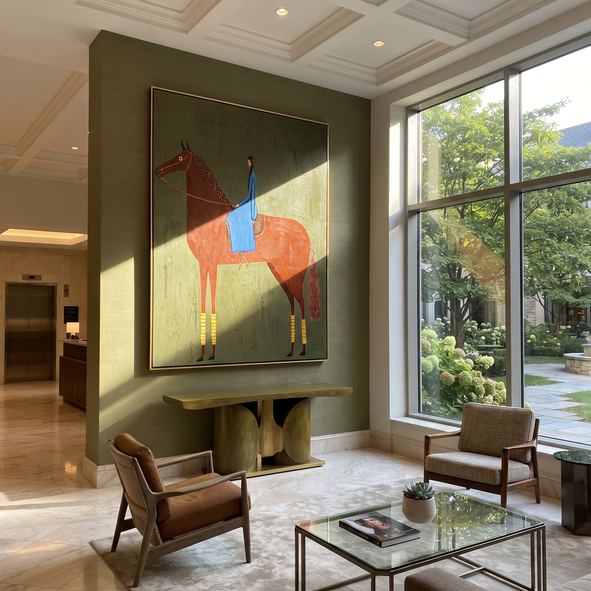 Blue Fabric Rests Chestnut displayed in a collected contemporary interior