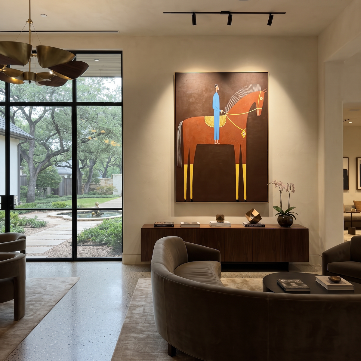 Blue Rider Meets Crimson styled with warm modern furnishings