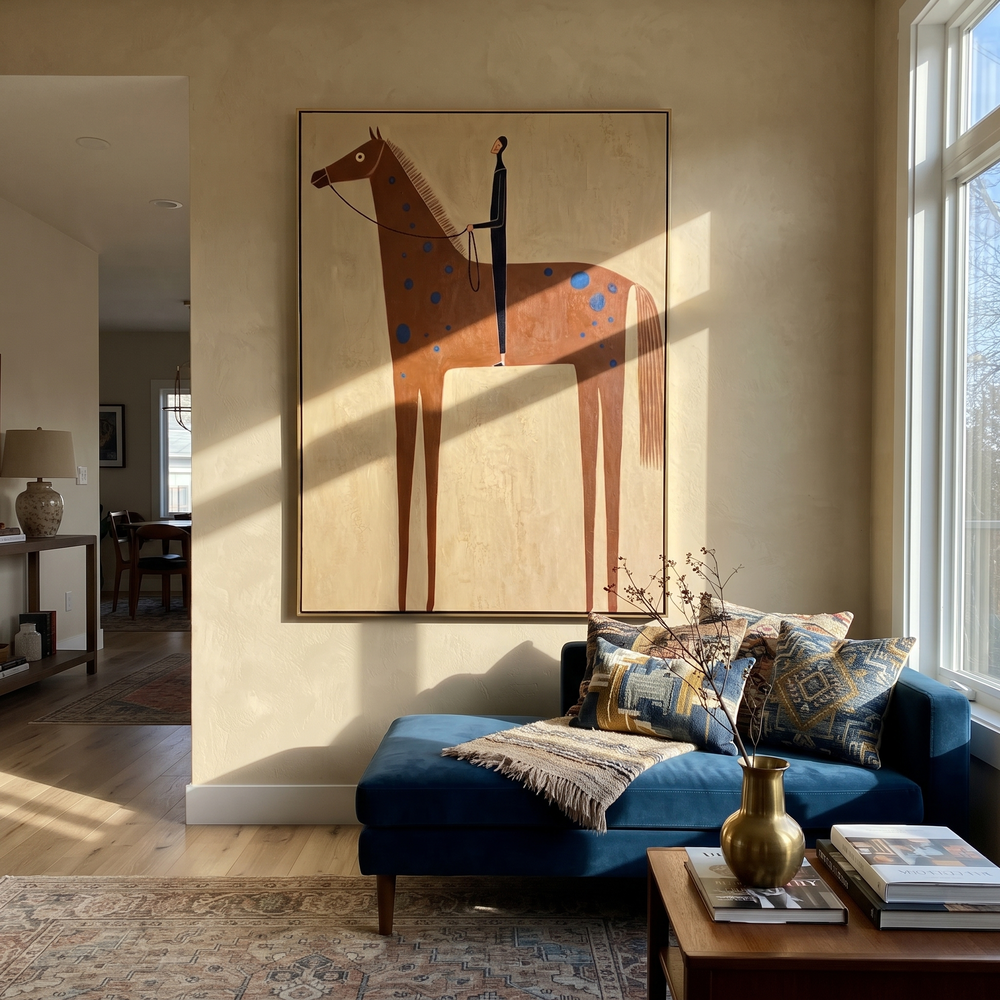 Blue Spots Cross Chestnut styled with wood, linen, and modern decor