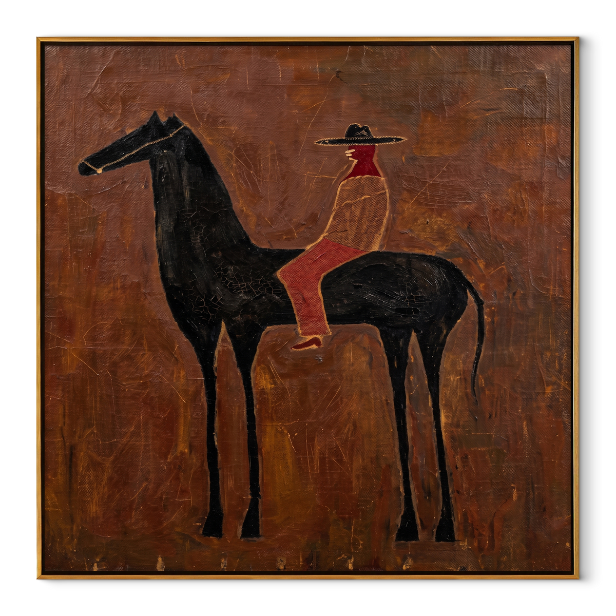 Rust Cowgirl Rides Black equestrian horse painting, square canvas artwork