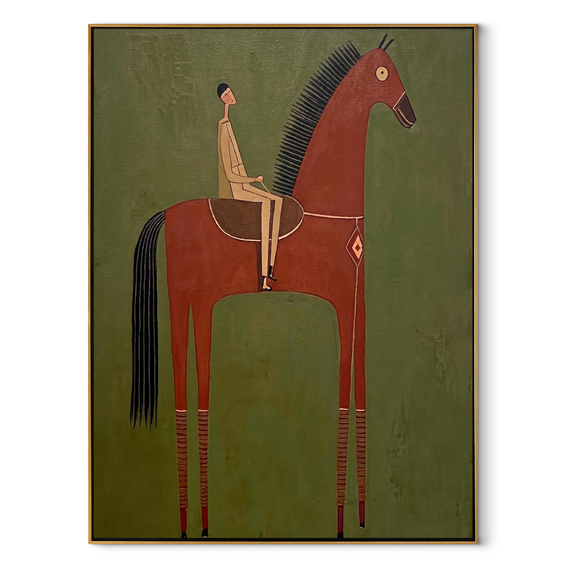 Red Horse Carries Silence equestrian horse painting, vertical canvas artwork
