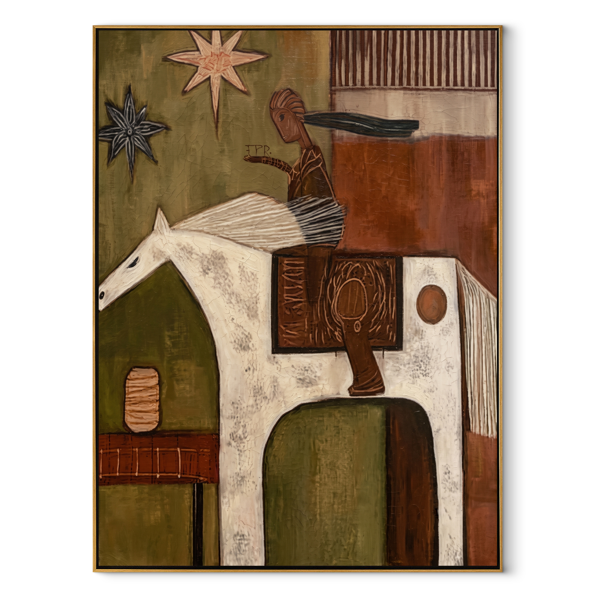 White Horse Carries Journey equestrian horse painting, vertical canvas artwork