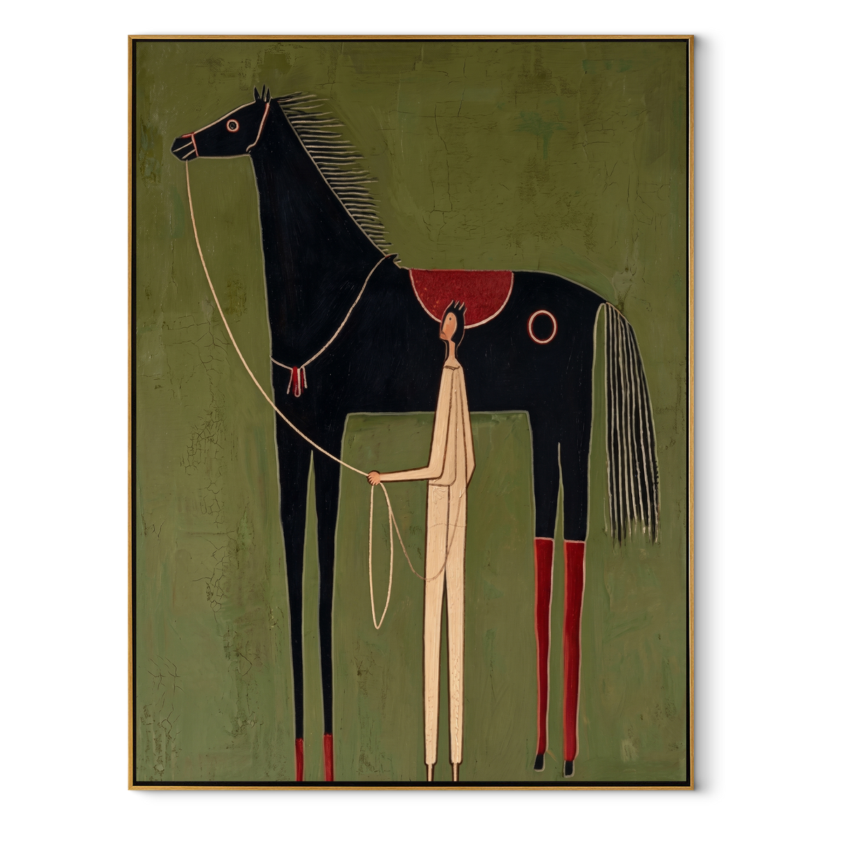 Pale Handler beneath Midnight equestrian horse painting, vertical canvas artwork