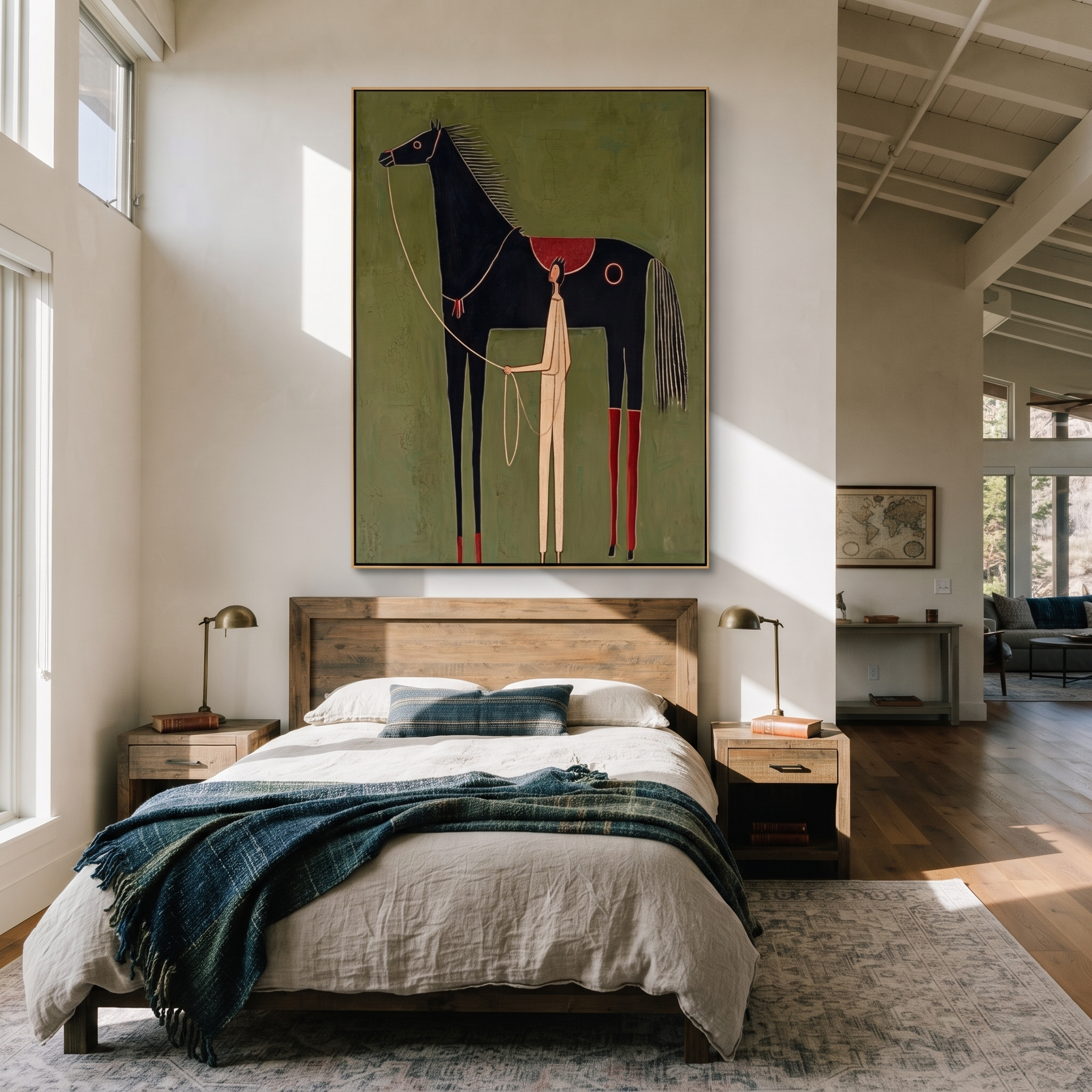 Pale Handler beneath Midnight styled with wood, linen, and modern decor