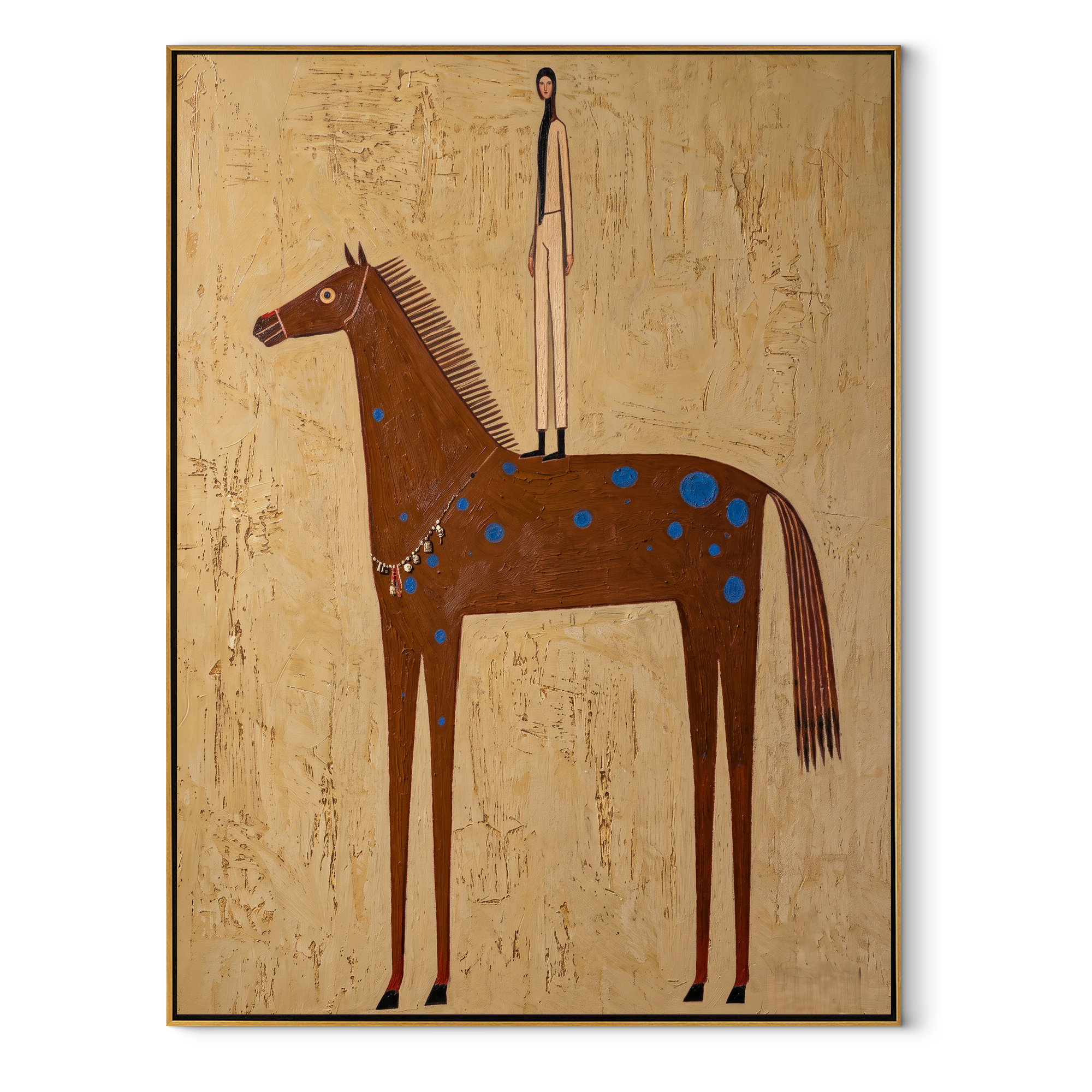 Blue Spots Shadow Figure equestrian horse painting, vertical canvas artwork