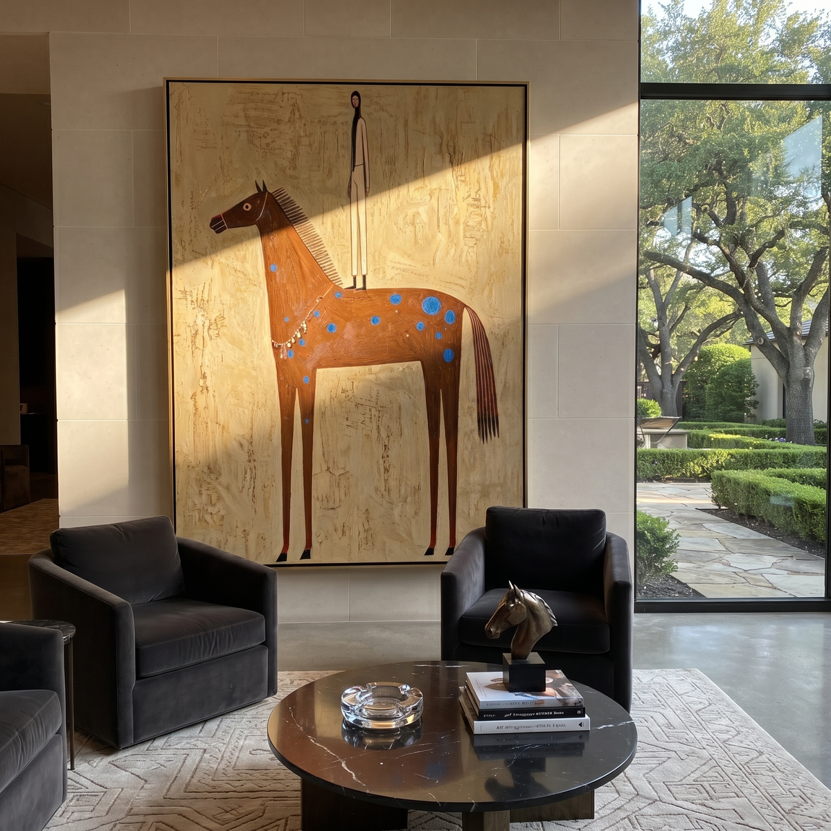 Blue Spots Shadow Figure styled with warm modern furnishings