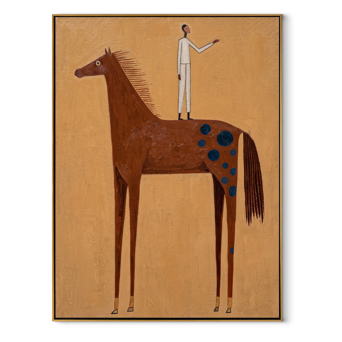 White Figure Balances High equestrian horse painting, vertical canvas artwork
