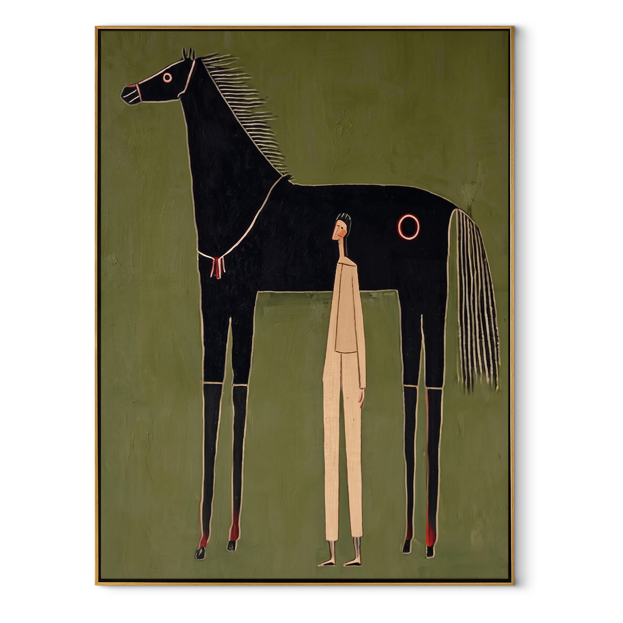Quiet Handler Meets Midnight equestrian horse painting, vertical canvas artwork