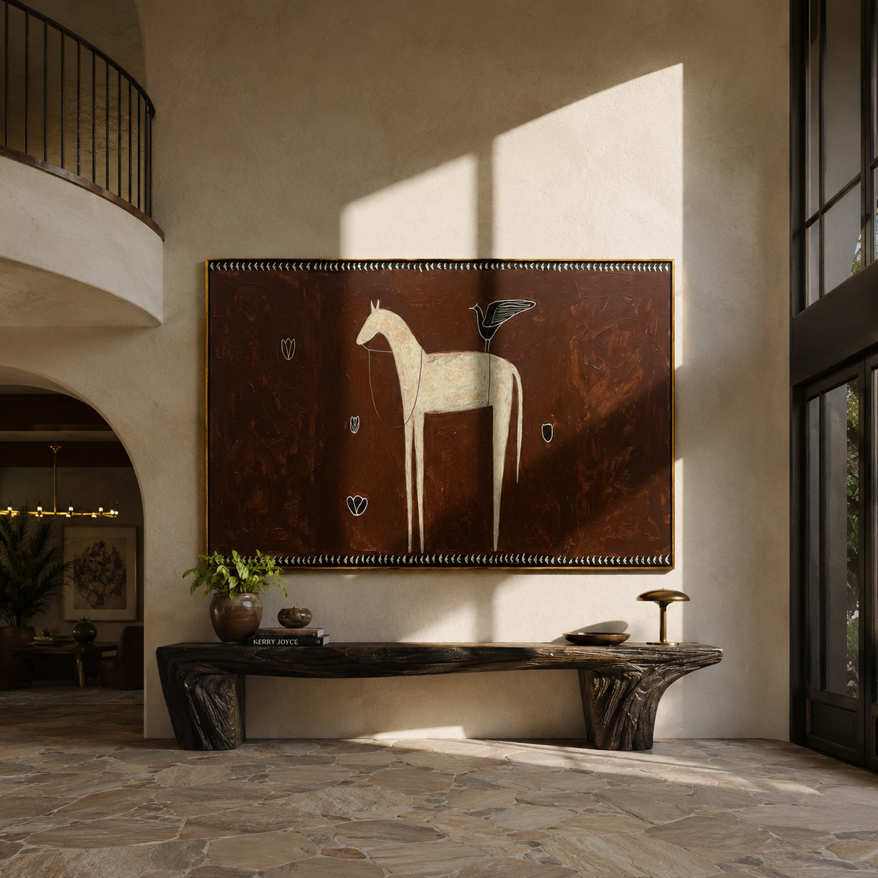 Ivory Horse among Shields displayed in a collected contemporary interior