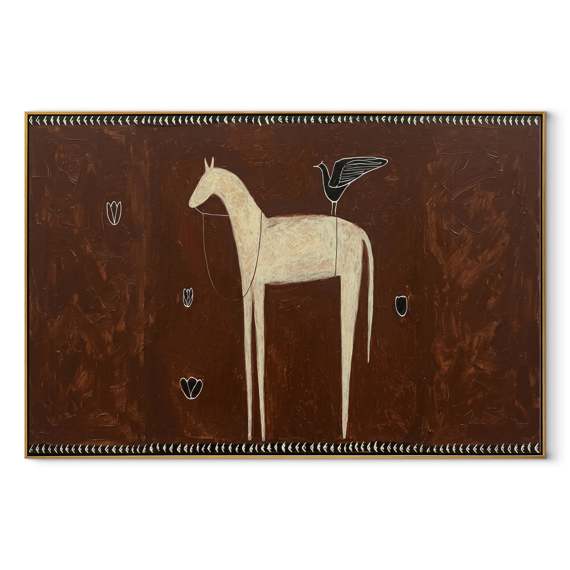 Ivory Horse among Shields equestrian horse painting, horizontal canvas artwork