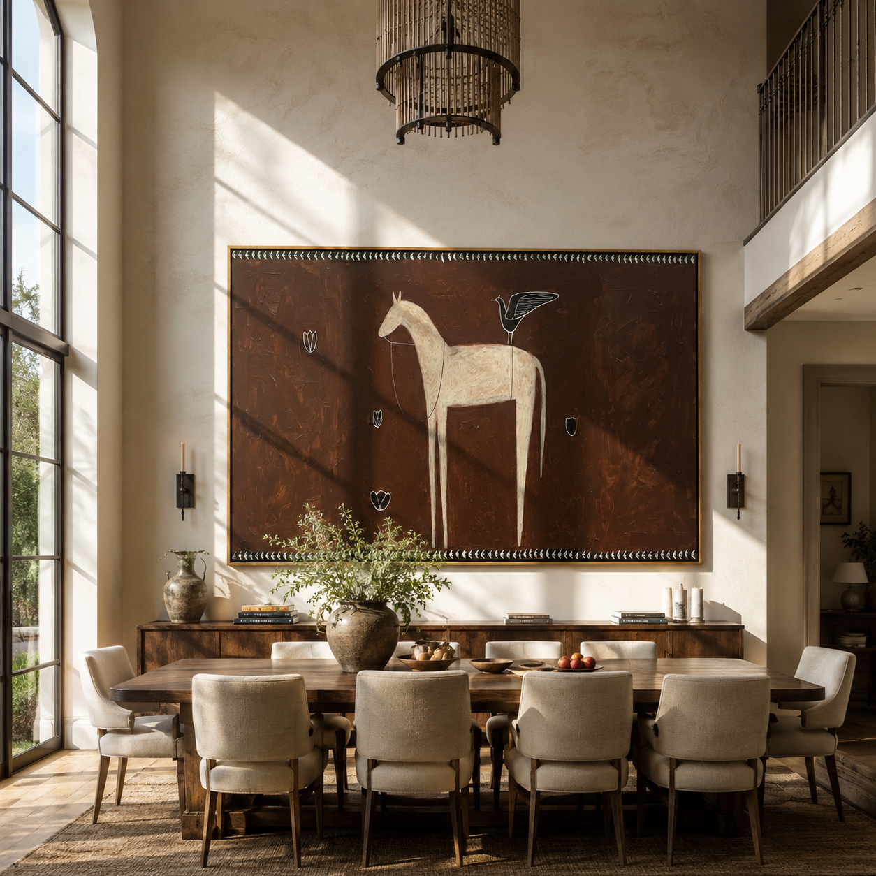 Ivory Horse among Shields styled with warm modern furnishings