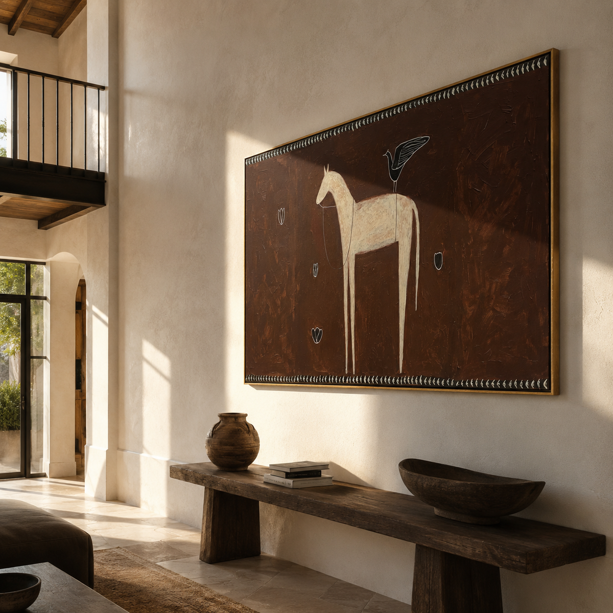 Ivory Horse among Shields displayed in a layered residential setting