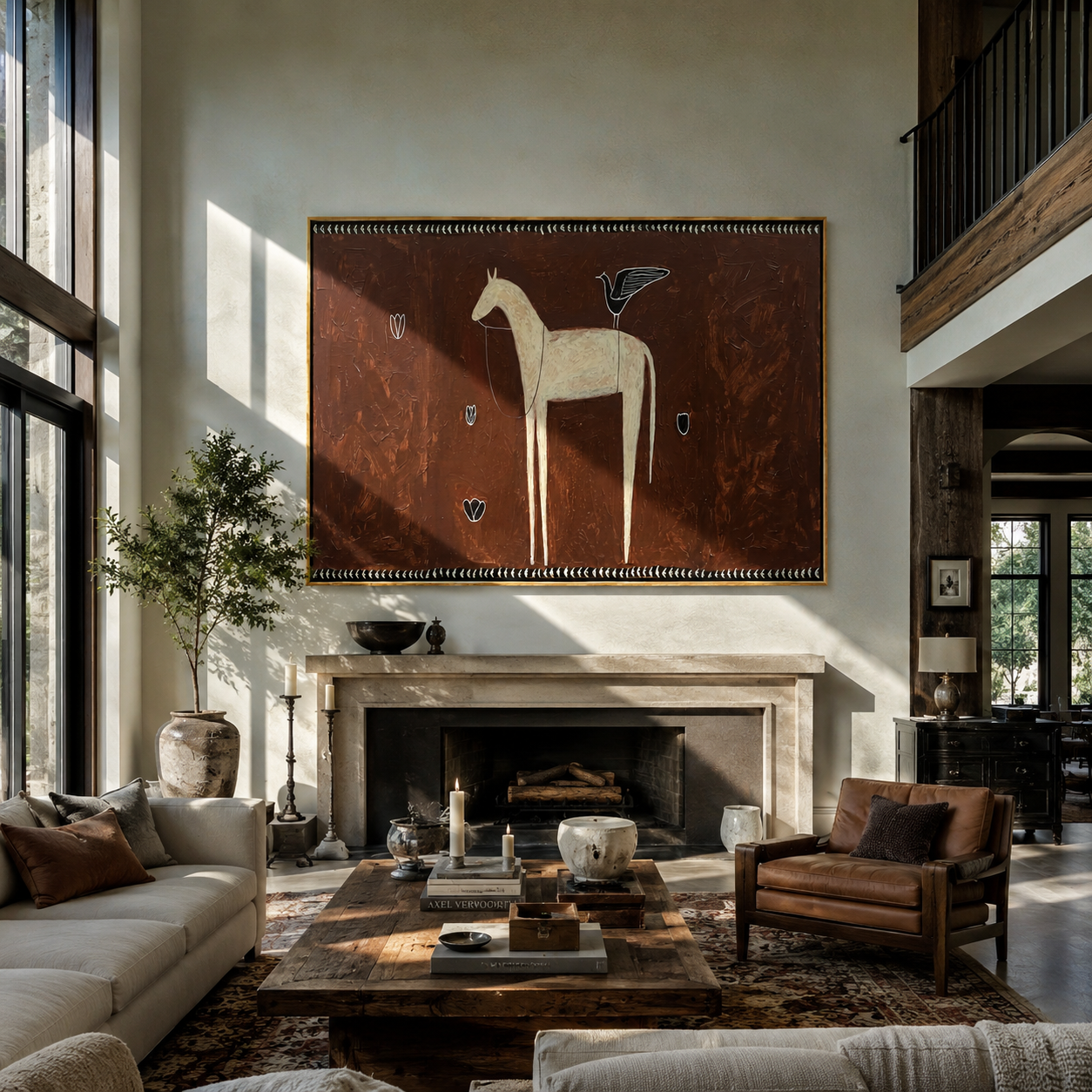 Ivory Horse among Shields styled with wood, linen, and modern decor