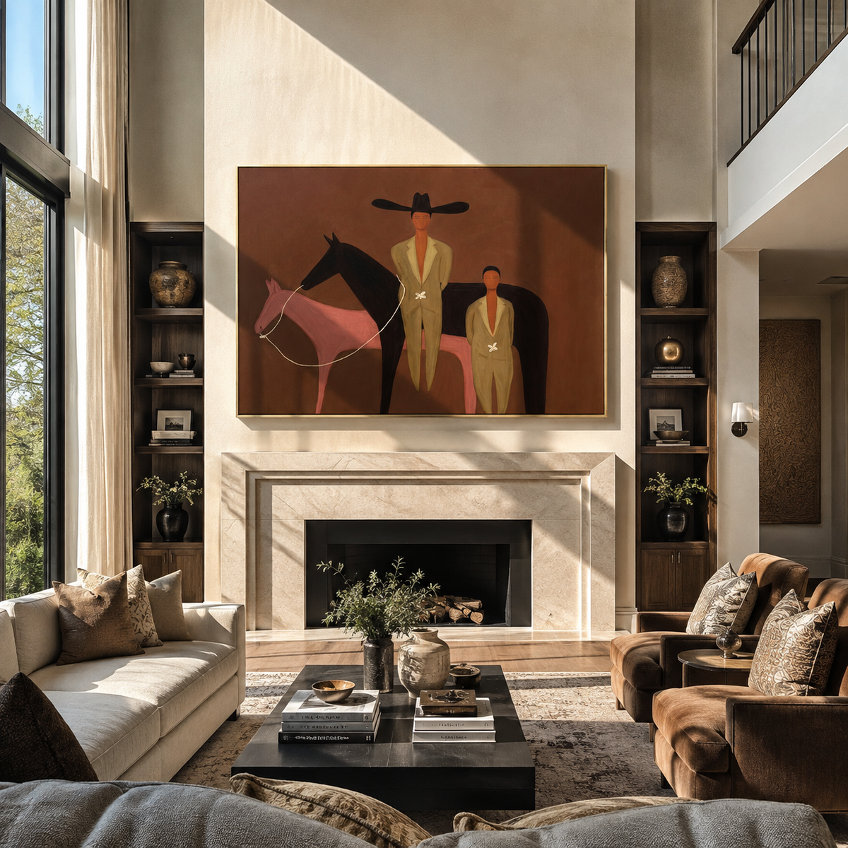 Two Riders Divide Pink displayed in a collected contemporary interior