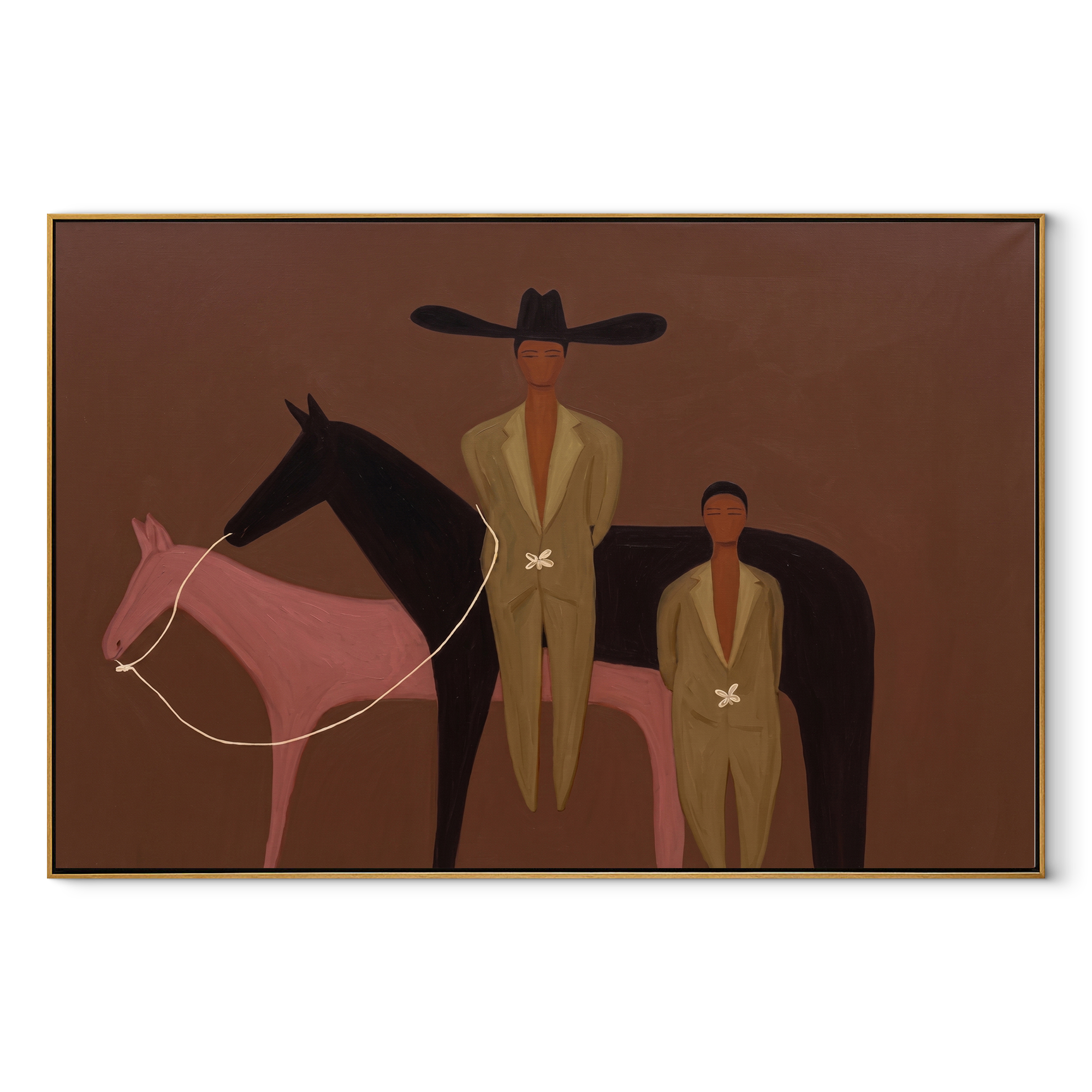 Two Riders Divide Pink equestrian horse painting, horizontal canvas artwork