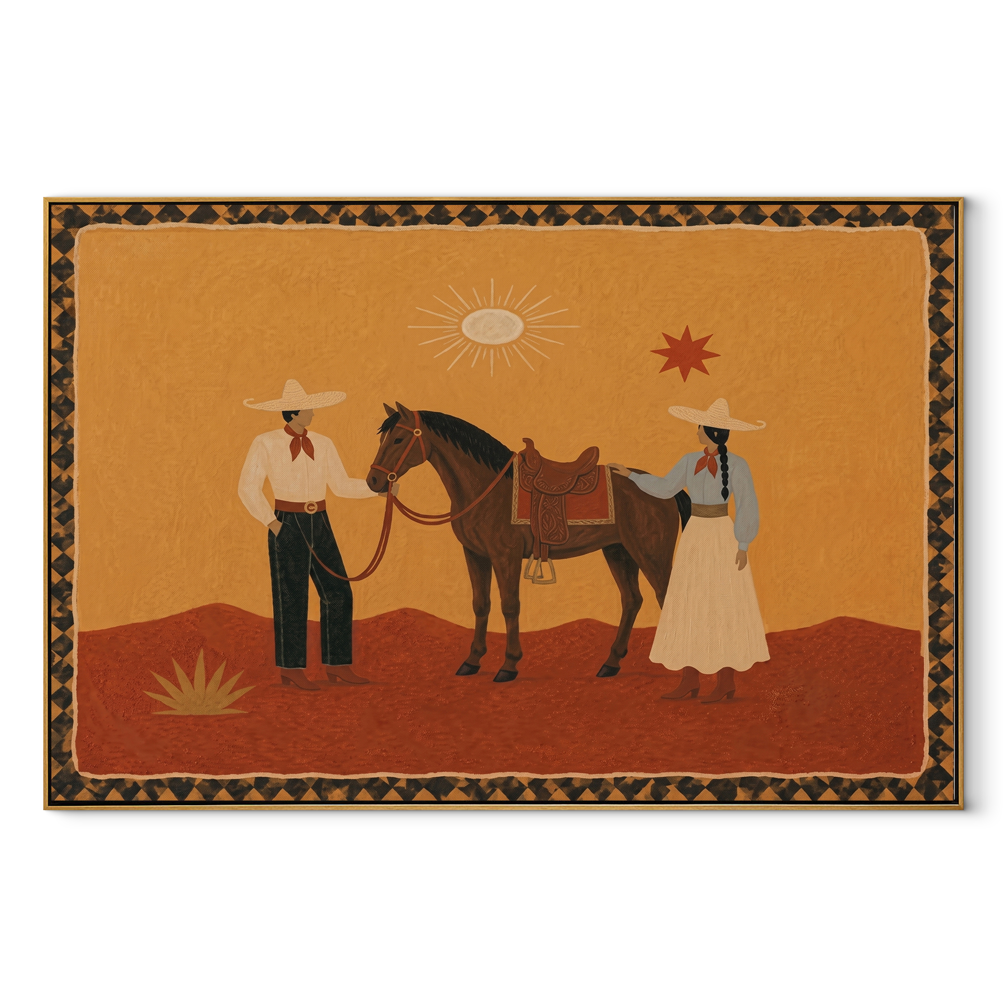 Desert Family Meets Horse equestrian horse painting, horizontal canvas artwork