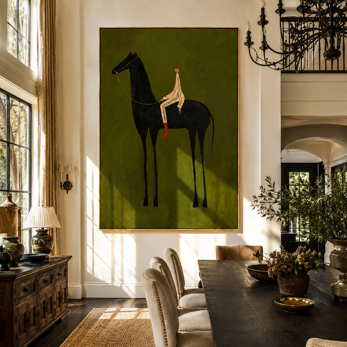 Striped Rider Sits High styled with wood, linen, and modern decor