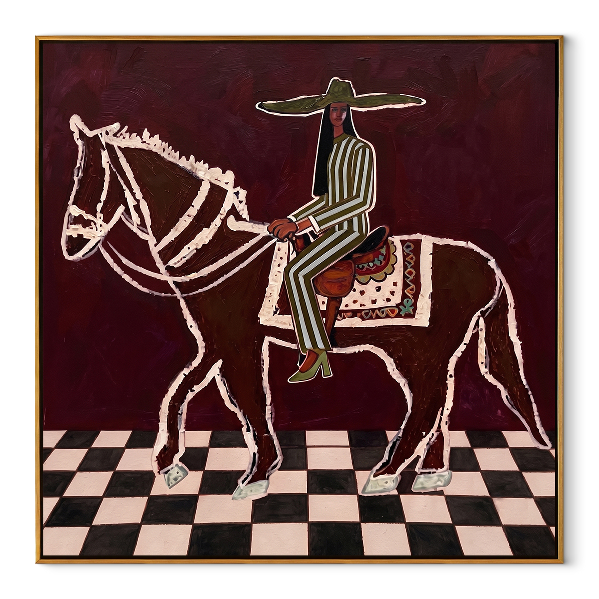 White Lines Cross Checks equestrian horse painting, square canvas artwork
