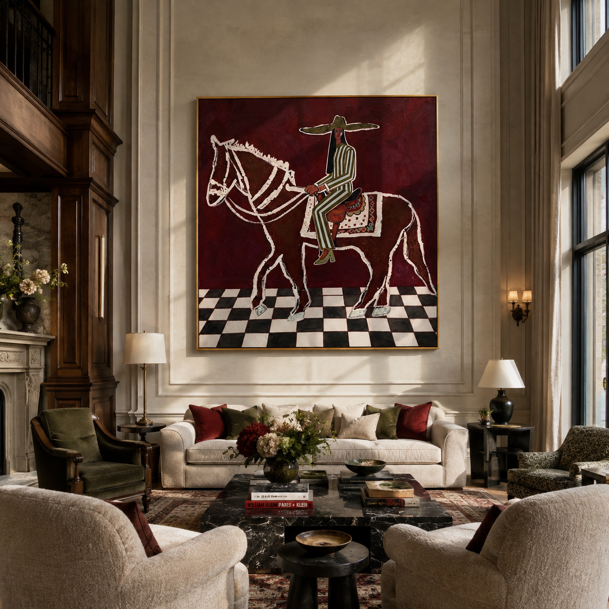 White Lines Cross Checks styled with wood, linen, and modern decor