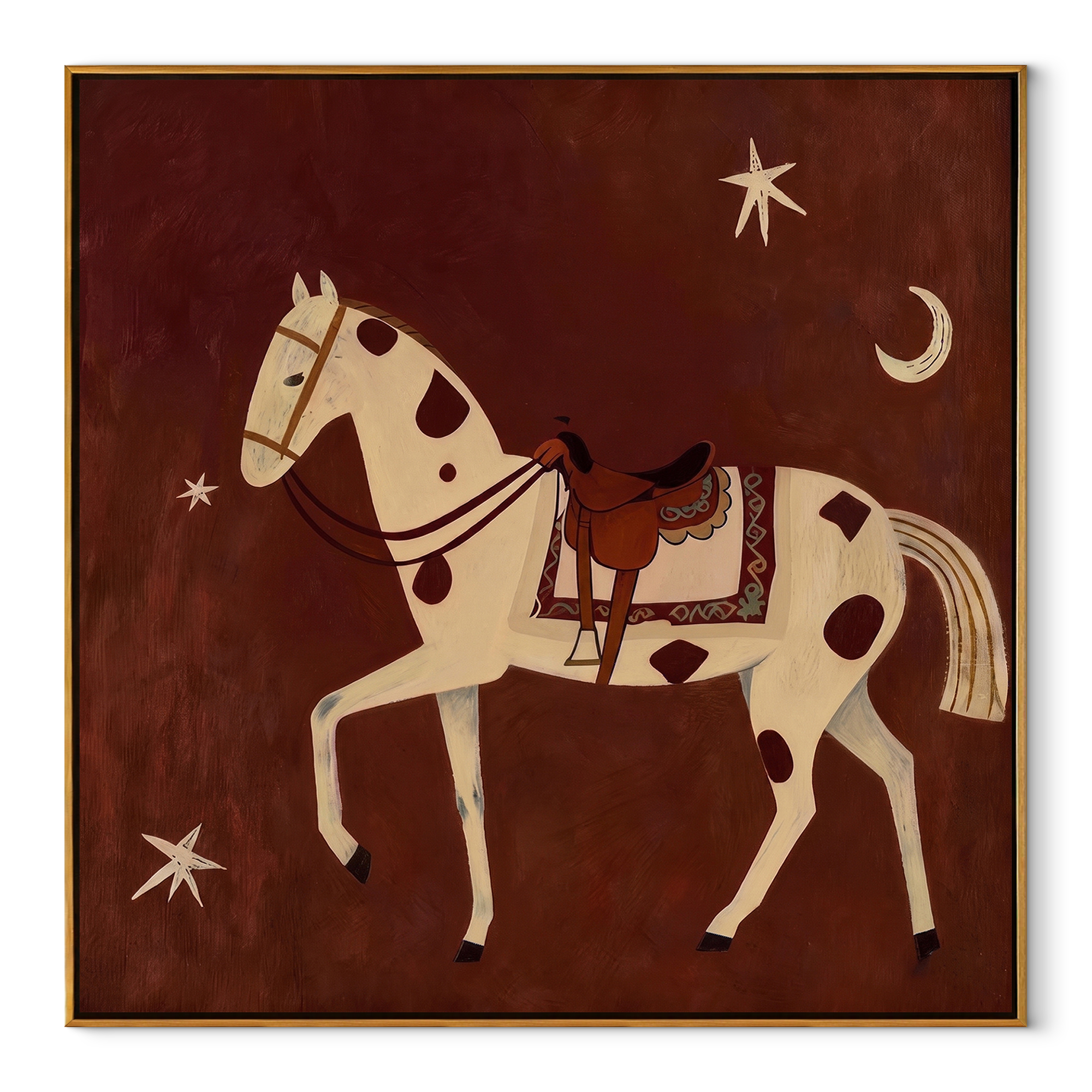 Spotted Horse Follows Moon equestrian horse painting, square canvas artwork