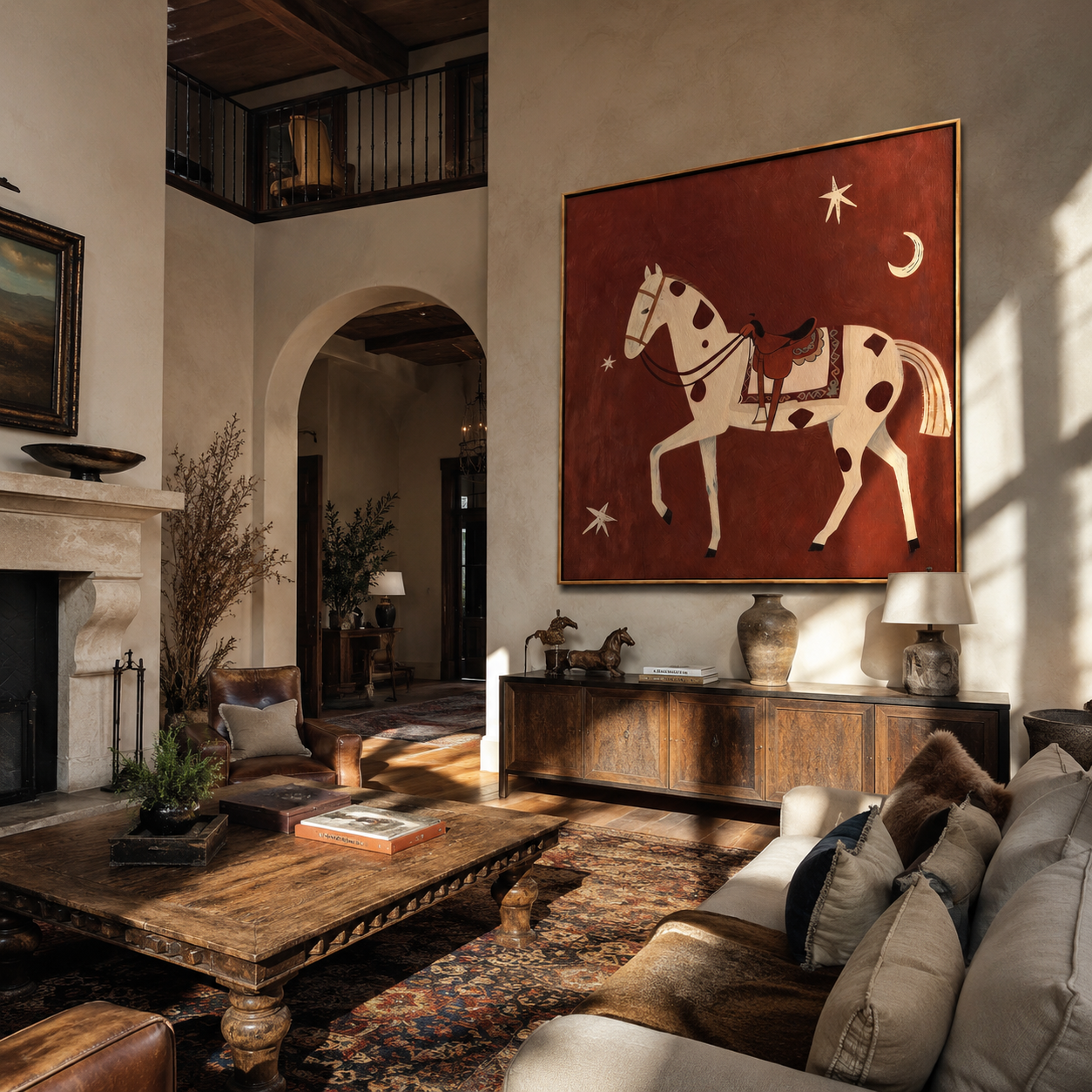Spotted Horse Follows Moon styled with wood, linen, and modern decor
