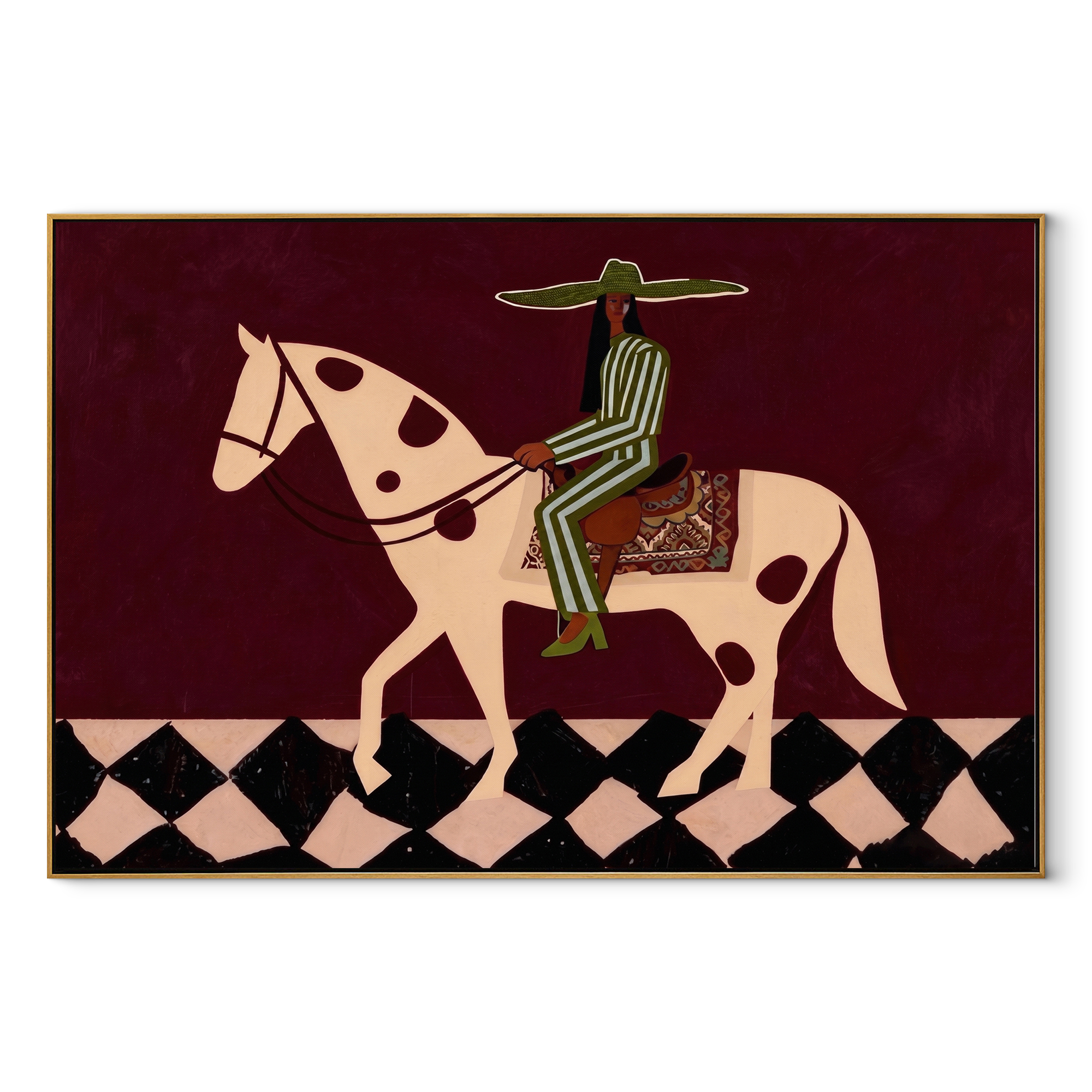 Green Stripes Cross Moonlight equestrian horse painting, horizontal canvas artwork