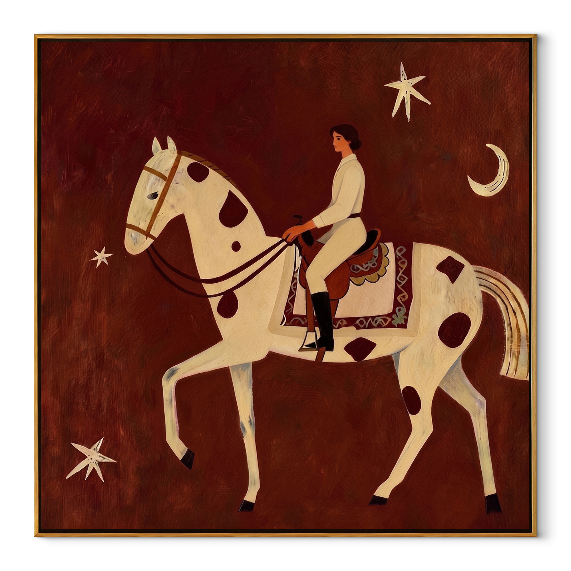 Quiet Rider Courts Crescent equestrian horse painting, square canvas artwork