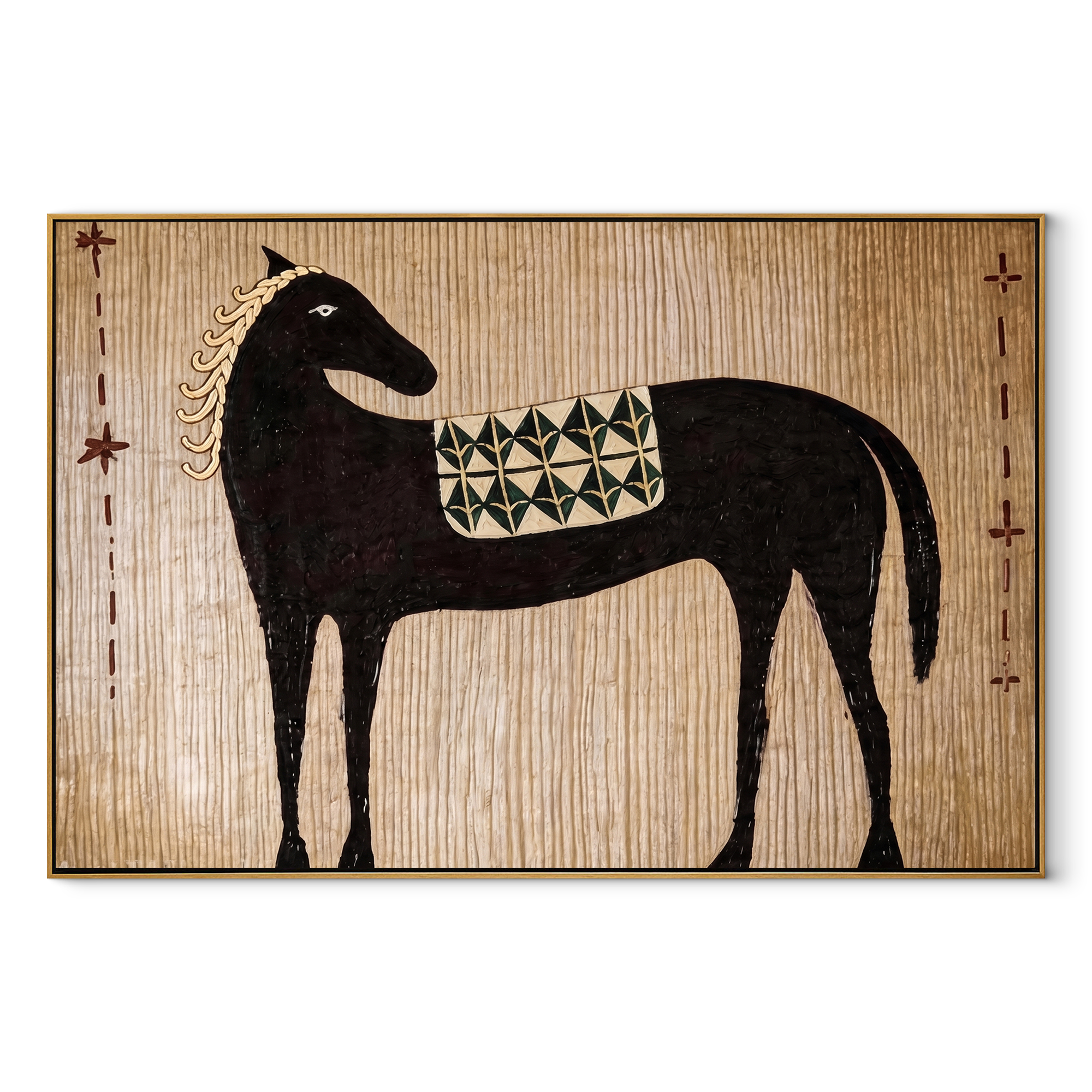 Black Horse Carries Saddle equestrian horse painting, horizontal canvas artwork